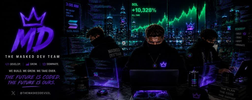 The Masked Dev Team — developers building on Solana over a neon city skyline